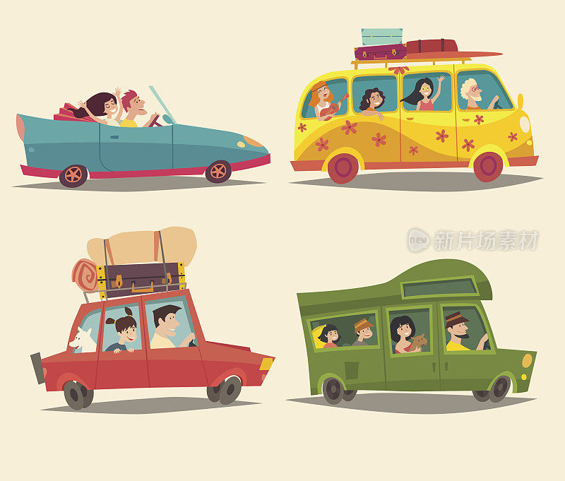 乘小汽车旅行，Ð’abriolet, Van和Trailer与快乐的人